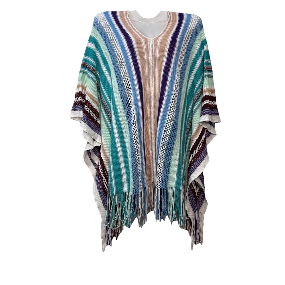 Coco‎ + Carmen Woman's Poncho One Size  Brown Teal Striped  Swim Cover Up Beachy - Picture 2 of 12
